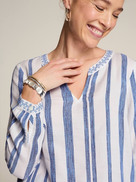 J JILL NWT M Pure Jill Embroidered Striped Top Cotton Blouse White Blue Yonder - Picture 9 of 14